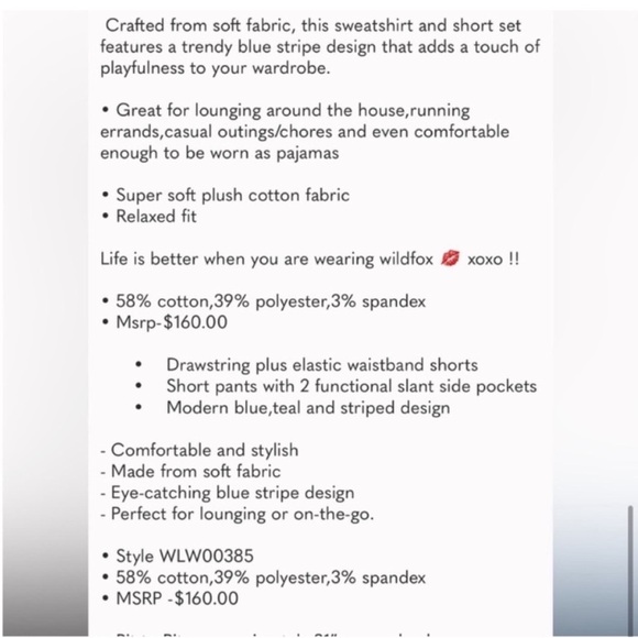 Wildfox NEW Lounge Set Sweatshirt Shorts Blue White Periwinkle Stripe Womens M - Picture 9 of 11